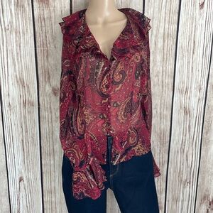 Georgiou Studio Burgundy Paisley Sheer Button Down Blouse w/Ruffle Detail